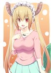 :d akane_souichi artist_name bangs blonde_hair blouse breasts brown_eyes casual commentary_request dragon_tail eyebrows_visible_through_hair fang green_skirt hair_between_eyes hand_on_own_chest horns kobayashi-san_chi_no_maidragon large_breasts long_hair looking_at_viewer maid_headdress open_mouth pink_blouse pleated_skirt sidelocks signature skirt sleeves_past_elbows smile solo tail tooru_(maidragon) twintails upper_body very_long_hair 