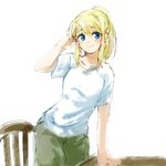  1girl blonde_hair blue_eyes blush chair fullmetal_alchemist green_pants hand_on_own_face long_hair pants ponytail shirt sketch smile solo standing table tsukuda0310 white_shirt winry_rockbell 