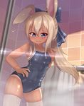  animal_ears blonde_hair blue_bow blue_eyes bow bunny_ears competition_school_swimsuit cowboy_shot from_below hair_bow hand_on_hip hotel01 long_hair one-piece_swimsuit one-piece_tan original ponytail school_swimsuit shower_(place) solo swimsuit tan tanline thighhighs towel white_legwear 