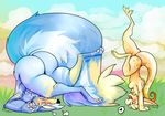  &lt;3 anthro big_butt blue_fur blush butt canine duo female fur gabira gabira_(character) handstand mammal meep_(artist) nude scramble_(meep) upside_down yellow_fur 