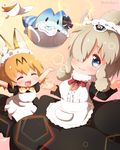  :3 :d ^_^ alpaca_ears alpaca_suri_(kemono_friends) alternate_costume animal_ears blonde_hair blue_eyes blush bow bowtie closed_eyes commentary coroha cup enmaided eyebrows fang kemono_friends lucky_beast_(kemono_friends) maid maid_headdress multiple_girls open_mouth orange_bow orange_hair orange_neckwear plate red_ribbon ribbon serval_(kemono_friends) serval_ears short_hair smile tea teacup twitter_username 