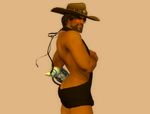  1boy 3d ass bara beard blush butt_crack facial_hair hat male_focus mccree_(overwatch) overwatch solo source_filmmaker undressing virgin_killer_sweater 