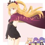  :&gt; :&lt; animal_ear_fluff animal_ears ass atair blonde_hair cape dress earrings ereshkigal_(fate/grand_order) fate/extra fate/extra_ccc fate/extra_ccc_fox_tail fate/grand_order fate_(series) fox_ears hair_ribbon jewelry long_hair looking_at_viewer looking_back meltlilith passion_lip red_eyes ribbon strapless strapless_dress suzuka_gozen_(fate) tiara two_side_up 