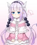  3: bangs blue_eyes blunt_bangs blush capelet closed_mouth commentary cowboy_shot crying crying_with_eyes_open eyebrows_visible_through_hair fur_trim gradient gradient_background gradient_hair hair_bobbles hair_ornament highres horns jitome kanna_kamui kobayashi-san_chi_no_maidragon lavender_hair long_hair looking_down low_twintails multicolored_hair purple_background purple_hair sidelocks skirt solo speech_bubble tears the_cold twintails very_long_hair white_skirt 