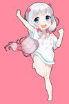  :d adrenaline!!! arm_up bangs blue_eyes blush bow chibi clothes_writing commentary_request copyright_name eromanga_sensei eyebrows_visible_through_hair full_body gradient_hair hair_bow hand_up izumi_sagiri long_hair looking_at_viewer low-tied_long_hair multicolored_hair off_shoulder open_mouth pink_background pink_hair shirt silver_hair simple_background smile solo standing standing_on_one_leg tareme teeth the_cold white_shirt 