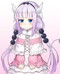  3: bangs blue_eyes blunt_bangs blush capelet closed_mouth cowboy_shot crying crying_with_eyes_open eyebrows_visible_through_hair fur_trim gradient gradient_background gradient_hair hair_bobbles hair_ornament highres horns jitome kanna_kamui kobayashi-san_chi_no_maidragon lavender_hair long_hair looking_down low_twintails multicolored_hair purple_background purple_hair sidelocks skirt solo tears the_cold twintails very_long_hair white_skirt 