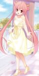  1girl character_name collarbone day dress eyebrows_visible_through_hair floating_hair full_body hair_ornament hidan_no_aria highres kanzaki_h_aria kobuichi long_hair looking_at_viewer novel_illustration official_art open_mouth outdoors outstretched_arm pink_hair red_eyes ribbon sash see-through shiny shiny_hair short_dress skirt_hold sleeveless sleeveless_dress solo standing strapless strapless_dress twintails very_long_hair yellow_dress yellow_footwear yellow_ribbon 