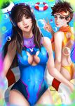  adapted_costume animal_print bikini breasts brown_eyes bubble bunny_print cleavage_cutout d.va_(overwatch) goggles headgear heart highres innertube long_hair looking_at_viewer medium_breasts multiple_girls one-piece_swimsuit orange_bikini overwatch parted_lips pool short_hair spiked_hair swimsuit tracer_(overwatch) v x-kulon 