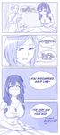  4koma absurdres bangs blush bow braid breasts cleavage clenched_hand clipboard closed_eyes collarbone comic constricted_pupils d: dress english eyebrows_visible_through_hair gown hair_between_eyes hair_bow hair_over_shoulder hat highres holding kono_subarashii_sekai_ni_shukufuku_wo! large_breasts long_hair long_sleeves low_twintails monochrome multiple_girls nose_blush nurse nurse_cap open_mouth paper short_hair sitting sketch speech_bubble sweat swept_bangs tears trembling twintails viperxtr wavy_mouth yunyun_(konosuba) 