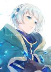  black_gloves blue_eyes book cloak copyright_name ekita_xuan gloves hair_ornament hood hooded_cloak meteora_osterreich parted_lips re:creators short_hair silver_hair solo 