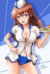 artist_name bangs blouse blue_eyes blue_shorts breasts brown_hair charlotte_e_yeager cleavage contrapposto cowboy_shot eyebrows_visible_through_hair food french_fries garrison_cap hamburger hand_on_hip haruhata_mutsuki hat holding large_breasts long_hair looking_at_viewer navel open_mouth shadow short_shorts shorts signature smile solo standing star star_hat_ornament strike_witches tray twitter_username waitress white_blouse world_witches_series 