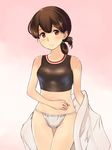  brown_eyes brown_hair clothes_removed cowboy_shot folded_ponytail fundoshi gradient gradient_background japanese_clothes kantai_collection kasuga_maru_(kantai_collection) kimono long_hair looking_at_viewer mori_yoichi pink_background smile solo sports_bra 