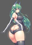  ass bare_shoulders borrowed_character breasts butt_crack covered_nipples elbow_gloves eyebrows_visible_through_hair gloves green_hair grey_background hakai_shin highres large_breasts long_hair looking_at_viewer menou_kaname original pink_eyes raised_eyebrows simple_background skindentation smile solo thick_thighs thighs very_long_hair 