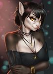  5_fingers amber_eyes anthro bare_shoulders black_hair breasts cat clothed clothing etskuni eyelashes feline female hair looking_at_viewer mammal pink_nose smile solo whiskers 