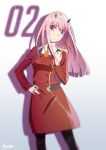  1girl bangs black_legwear blue_eyes character_name darling_in_the_franxx dress eyebrows_visible_through_hair grey_hairband hairband hand_on_hip horns kuno_(runkunochan) long_hair looking_at_viewer pantyhose pink_hair red_dress solo standing uniform zero_two_(darling_in_the_franxx) 