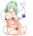  bikini bikini_pull black_bikini breasts full_body green_eyes green_hair groin halter_top halterneck head_tilt heart heart_of_string highres komeiji_koishi kz_oji looking_at_viewer medium_breasts micro_bikini pulled_by_self sideboob simple_background sitting smile solo string_bikini string_pull swimsuit thigh_gap thighs third_eye touhou underboob white_background 