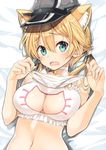  anchor_hair_ornament animal_ears aqua_eyes bed_sheet bell bell_collar blonde_hair blush bra breasts cat_ears cat_lingerie cleavage_cutout collar collarbone eyebrows_visible_through_hair fang hair_ornament hat holding holding_panties inuzumi_masaki kantai_collection large_breasts lying meme_attire navel on_back on_bed open_mouth panties panties_removed peaked_cap prinz_eugen_(kantai_collection) solo underwear upper_body wavy_mouth white_bra 