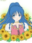  blue_eyes braid fire_emblem fire_emblem:_seima_no_kouseki floral_background flower hanasaki_komugi looking_at_viewer pauldrons ponytail simple_background smile solo sunflower tana twin_braids 