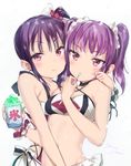  &gt;:) bangs bikini blush choker commentary_request eating eyebrows_visible_through_hair hug kazuno_leah kazuno_sarah looking_at_viewer love_live! love_live!_sunshine!! micopp midriff multiple_girls navel one_side_up purple_eyes purple_hair saint_snow shaved_ice siblings simple_background sisters smile spoon swimsuit tsurime twintails upper_body v-shaped_eyebrows white_background 