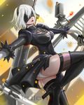  ass black_blindfold black_dress black_footwear black_hairband blindfold boots breasts cleavage_cutout covered_eyes dress feather-trimmed_sleeves hairband high_heel_boots high_heels juliet_sleeves leotard long_sleeves medium_breasts nier_(series) nier_automata parted_lips pod_(nier_automata) puffy_sleeves short_hair silver_hair sword thighhighs thighhighs_under_boots vambraces weapon weapon_on_back white_leotard x-kulon yorha_no._2_type_b 