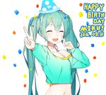  ^_^ aqua_hair bangs birthday blush cheek_poking closed_eyes commentary_request confetti crop_top cropped_shirt dated eyebrows_visible_through_hair hair_between_eyes happy_birthday hat hatsune_miku highres long_hair navel off_shoulder open_mouth party_hat poking smile solo the_cold twintails upper_body v vocaloid 