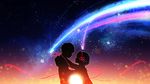  1girl blurry bokeh comet commentary_request depth_of_field facing_another highres kimi_no_na_wa miyamizu_mitsuha night night_sky red_string short_hair silhouette sky star_(sky) starry_sky string tachibana_taki the_cold upper_body 