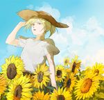  blonde_hair blue_sky day flower green_eyes hat male_focus open_mouth ponytail sky straw_hat sunflower you_(gay322k) yuri!!!_on_ice yuri_plisetsky 