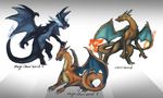  ambiguous_gender blue_eyes charizard claws dragon feral fire flaming_tail group mega_charizard mega_charizard_x mega_charizard_y mega_evolution membranous_wings nintendo open_mouth pok&eacute;mon red_eyes scalie simple_background tongue tongue_out video_games wings yaj_leaf_(artist) 