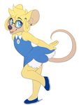 2017 anthro bella_mouse_(mileymouse) buckteeth clothed clothing cub dress ear_piercing eyewear female footwear glasses hair looking_at_viewer mammal mouse piercing rodent shoes smile solo strawberryneko teeth young 