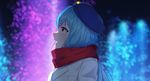  bangs beret blue_hair coat commentary_request double-breasted enpera fountain from_side gift hat highres holding holding_gift long_hair looking_up mittens open_mouth original outdoors profile red_eyes red_scarf scarf solo the_cold upper_body winter 