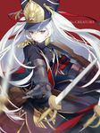  altair_(re:creators) copyright_name ekita_xuan gauntlets gun hat highres long_hair looking_at_viewer military military_uniform re:creators red_eyes saber_(weapon) shako_cap solo submachine_gun sword uniform weapon white_hair 