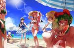  5girls akiru_(hokuouhuuhu) ball bat_wings beach beachball bikini blonde_hair blue_sky blush breasts brown_eyes cloud commentary_request day food fruit green_hair groin hat highres innertube large_breasts multiple_girls ocean one-piece_swimsuit original outdoors pink_hair ponytail popsicle sand sarong school_swimsuit sky straw_hat summer swimsuit tail water watermelon watermelon_bar wings 