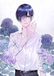  arm_at_side artist_name belt black_eyes black_hair black_pants commentary_request cuts flower hair_over_one_eye hand_up hydrangea injury looking_at_viewer male_focus original pants pocket rain see-through shirt solo standing tamaki_mitsune wet wet_clothes wet_shirt 