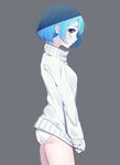  absurdres arms_at_sides ass bangs blue_eyes blue_hair blush bob_cut closed_mouth cowboy_shot from_side grey_background highres looking_at_viewer md5_mismatch original panties profile shade short_hair sidelocks simple_background solo sweater the_cold thighs turtleneck turtleneck_sweater underwear white_panties 