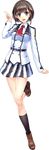  anemori_ayano ankle_boots aqua_eyes bangs black_legwear boots brown_hair full_body highres leg_up long_sleeves looking_at_viewer misaki_kurehito official_art open_mouth ragnastrike_angels school_uniform short_hair skirt smile solo striped transparent_background vertical_stripes 