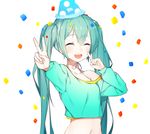  ^_^ aqua_hair bangs birthday blush cheek_poking closed_eyes confetti crop_top cropped_shirt eyebrows_visible_through_hair hair_between_eyes hat hatsune_miku highres long_hair navel off_shoulder open_mouth party_hat poking smile solo the_cold twintails upper_body v vocaloid 