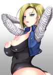 1girl android_18 arms_up ass blonde_hair blue_eyes breasts dragon_ball dragon_ball_super dragonball_z dutch_angle earrings female jacket jewelry kizaki_yuuri large_breasts lipstick makeup nipples no_bra nopan open_clothes open_jacket open_mouth pose shiny shiny_skin short_hair simple_background torn_clothes upper_body white_background 