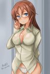  adjusting_eyewear arm_behind_back artist_name bangs blue_eyes breasts brown_hair cleavage closed_mouth commentary_request cowboy_shot dress_shirt edytha_neumann glasses haruhata_mutsuki long_hair long_sleeves looking_at_viewer medium_breasts no_pants panties shirt signature smile solo standing twitter_username underwear white_panties white_shirt world_witches_series 