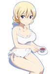  bare_arms bare_shoulders blonde_hair blue_eyes blush braid breasts casual_one-piece_swimsuit cleavage collarbone covered_navel cup darjeeling drink eyebrows_visible_through_hair frilled_swimsuit frills girls_und_panzer halterneck holding invisible_chair large_breasts looking_at_viewer nanashino one-piece_swimsuit ribbon saucer short_hair sitting smile solo swimsuit tea teacup thighs white_background white_ribbon white_swimsuit 