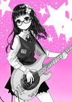  bangs bass_guitar commentary_request cowboy_shot glasses greyscale instrument kakoben_(mudvana) long_hair looking_at_viewer monochrome music music_man_stingray original parted_lips pink_background playing_instrument school_uniform scrunchie sleeves_rolled_up solo star starry_background sweater_vest wrist_scrunchie 