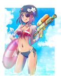  bandaged_arm bandages beanie bikini black_panties blue_bikini_bottom blue_eyes blue_sky breasts cleavage cloud cloudy_sky commentary day eyepatch flower front-tie_bikini front-tie_top hair_flower hair_ornament hat iesupa innertube may_zedong medium_breasts mismatched_bikini navel panties purple_hair red_bikini red_bikini_top rwby side-tie_bikini side-tie_panties sky solo swimsuit tongue tongue_out transparent underwear wading water water_gun wet wristband 