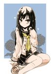  3: asashio_(kantai_collection) bangs black_eyes black_hair black_skirt brown_footwear cardigan closed_mouth commentary_request eyebrows_visible_through_hair floral_background flower hand_up heart kakoben_(mudvana) kantai_collection kneehighs loafers long_hair looking_at_viewer neckerchief open_cardigan open_clothes pleated_skirt school_uniform serafuku shoes sitting skirt sleeves_past_wrists solo sunflower yellow_neckwear yokozuwari 