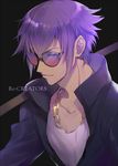  chain chain_necklace copyright_name ekita_xuan gold_chain looking_at_viewer male_focus mirokuji_yuuya popped_collar purple_eyes purple_hair re:creators smile solo sunglasses 