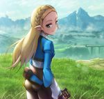  ass blonde_hair braid bridge cloud cloudy_sky day eyebrows grass green_eyes hair_ornament hairclip hashi landscape light_smile long_hair looking_at_viewer looking_back mountain nature pants pointy_ears princess_zelda ravine scenery sky solo the_legend_of_zelda the_legend_of_zelda:_breath_of_the_wild 