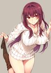  bangs black_legwear blush breasts cleavage closed_mouth collarbone commentary_request covered_nipples cowboy_shot dress fate/grand_order fate_(series) large_breasts long_hair long_sleeves looking_at_viewer purple_hair red_eyes ribbed_sweater scathach_(fate)_(all) scathach_(fate/grand_order) smile solo sweater sweater_dress thighhighs_pull very_long_hair yanagi_(tsukiakari) 