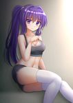  blush clannad fujibayashi_kyou long_hair ponytail purple_hair swimsuit violet_eyes 