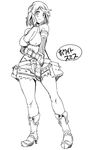  bag bare_shoulders belt blush boots breasts cleavage denim denim_shorts elbow_gloves fingerless_gloves gloves greyscale kumacchi large_breasts midriff monochrome navel ragnarok_online short_hair shorts sketch smile solo whitesmith 