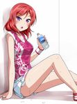  :o blush bottle bottle_cap collared_shirt commentary_request eyebrows_visible_through_hair hair_ornament hairpin holding holding_bottle looking_at_viewer love_live! love_live!_school_idol_project miniskirt nishikino_maki purple_eyes red_hair shirt short_sleeves sitting skirt solo sweat tsurime water_bottle wristband yopparai_oni 
