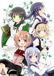  ama_usa_an_uniform apron black_hair black_skirt blonde_hair blue_eyes blue_hair blush bow bowtie brown_hair eyebrows_visible_through_hair fleur_de_lapin_uniform floating_hair gochuumon_wa_usagi_desu_ka? green_eyes green_kimono hair_between_eyes hair_ornament holding hoto_cocoa japanese_clothes kafuu_chino kimono kirima_sharo long_hair maid maid_headdress multiple_girls open_mouth oumi_neneha parted_lips purple_bow purple_eyes purple_neckwear rabbit_house_uniform red_bow red_neckwear shirt short_hair short_sleeves simple_background skirt smile striped tedeza_rize tippy_(gochiusa) twintails ujimatsu_chiya vertical-striped_kimono vertical_stripes white_apron white_background white_shirt wrist_cuffs 