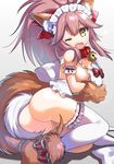  absurdres animal_ears ass bell bell_collar breast_hold breasts cleavage collar fangs fate/grand_order fate_(series) fox_ears fox_tail hair_ribbon highres large_breasts long_hair looking_at_viewer omucchan_(omutyuan) one_eye_closed open_mouth paws pink_hair ribbon sideboob simple_background solo tail tamamo_(fate)_(all) tamamo_cat_(fate) white_background white_legwear yellow_eyes 